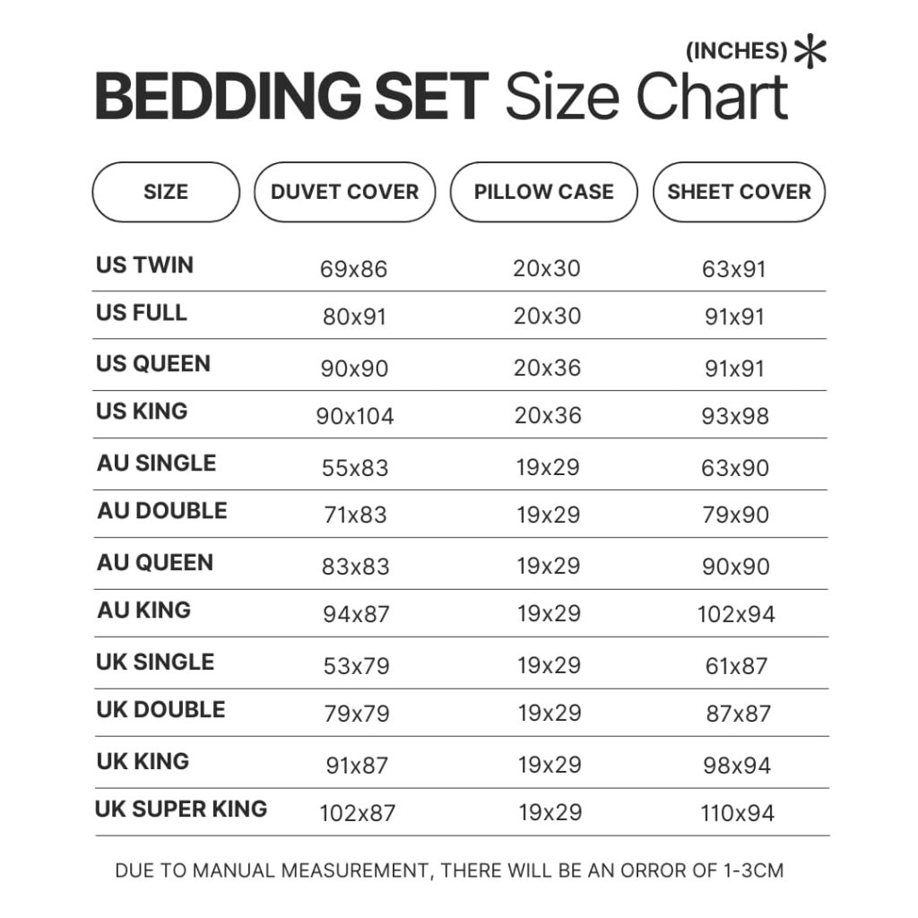 Bedding Set Size Chart - Terrari Store